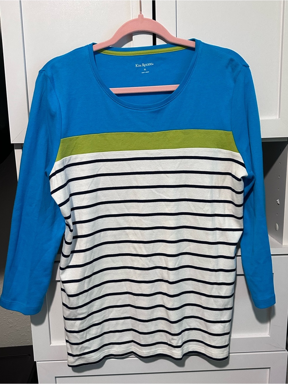 Kim Rogers Blue Green Striped Colorblock 100% Cotton Top Size XL